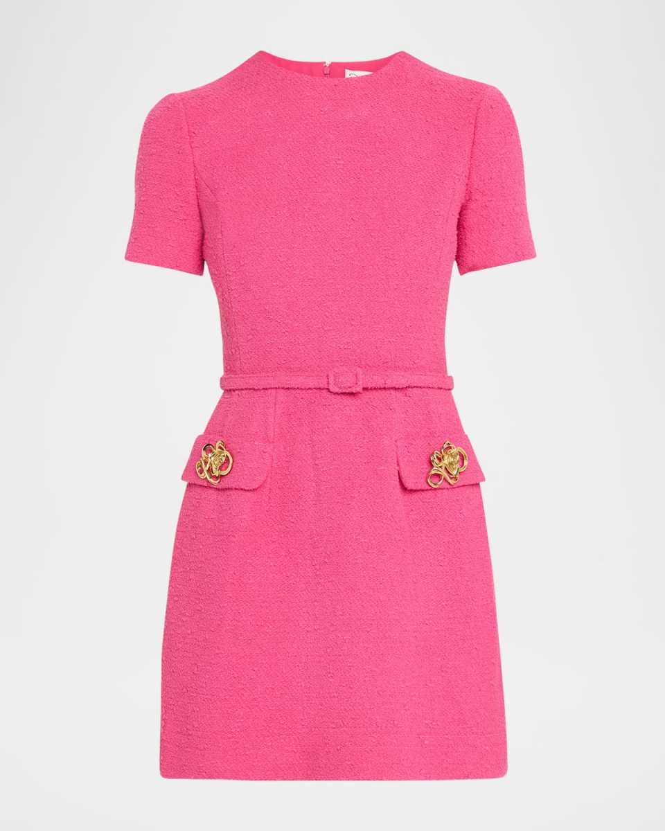 Short-Sleeve Rose-Button Tweed Mini Day Dress With Belt